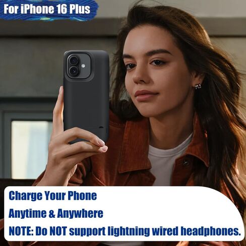 حافظة بطارية لهاتف iPhone 16 Plus، حافظة شحن/شاحن بطارية ممتدة قابلة لإعادة الشحن بقدرة 6000 مللي أمبير في الساعة، أضف عصيرًا إضافيًا بنسبة 100% (6.7 بوصة) أسود in Kuwait