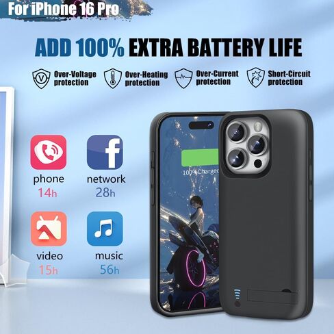 حافظة بطارية لهاتف iPhone 16 Pro، حافظة شحن/شاحن بطارية ممتدة قابلة لإعادة الشحن بقدرة 5000 مللي أمبير في الساعة، أضف عصيرًا إضافيًا بنسبة 100% (6.3 بوصة) أسود in Kuwait