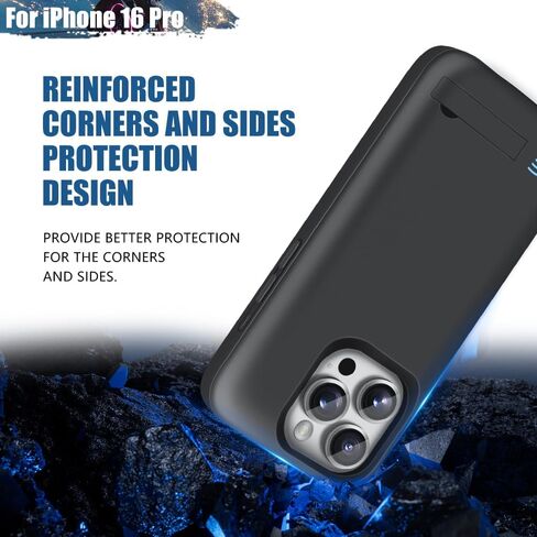 حافظة بطارية لهاتف iPhone 16 Pro، حافظة شحن/شاحن بطارية ممتدة قابلة لإعادة الشحن بقدرة 5000 مللي أمبير في الساعة، أضف عصيرًا إضافيًا بنسبة 100% (6.3 بوصة) أسود in Kuwait