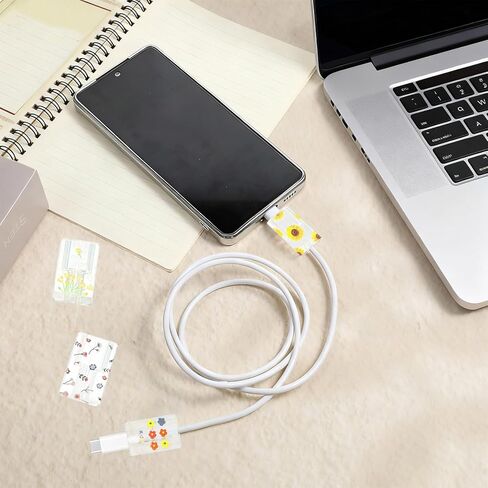 4PCS Cell Phone Type-C Charger Case Protector Flower Floral Pattern Design Protective Cover for Charger Cable and Adapter Shockproof Cover to Prevent Scratches and Damage in Saudi Arabia
