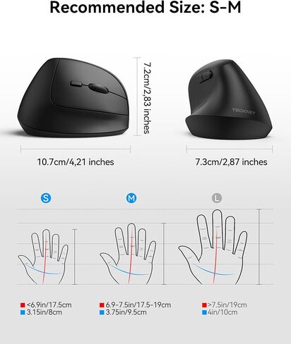 TECKNET Ergonomic Mouse, Wireless Bluetooth Vertical Mouse (BT5.3/3.0 & 2.4G) Rechargeable 4800 DPI Optical Mouse with 6 Adjustable DPI, Quiet Clicks, USB A Receiver, 6 Buttons - Wide Compatibility in Saudi Arabia