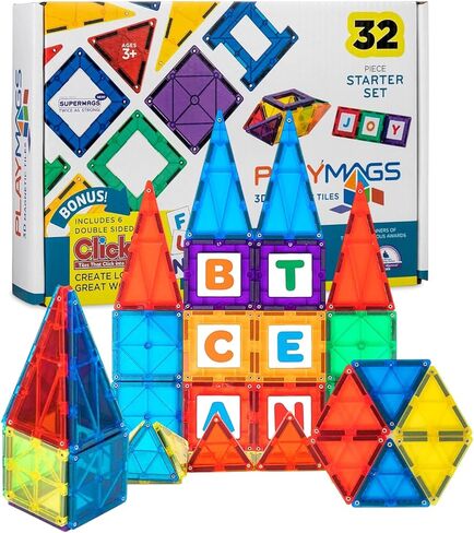 Playmags Magnetic Tile Set, 38-Piece Strongest Magnets Building Blocks for Kids, Creativity and Educational Building Toys for Children, STEM Approved in Kuwait