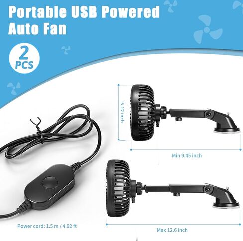 مجموعتان من مروحة السيارات المحمولة التي تعمل بمنفذ USB مع كوب شفط، مروحة تهوية تبريد صامتة صغيرة عالمية قابلة للدوران 360 درجة، تنظيم 3 سرعات، ضوضاء منخفضة، لشاحنة السيارة Suv Car Van Rv Pickup in Kuwait