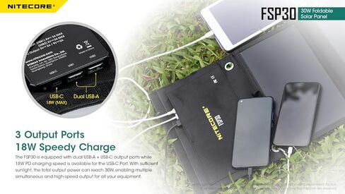 NITECORE FSP30 30W Portable Solar Charger, USB-A & USB 3 Output Ports, High Efficent 4 Foldable Panels for Camping Hiking Van RV Trip Compatible with Phones and Tablets with Nitecore Sticker in Saudi Arabia