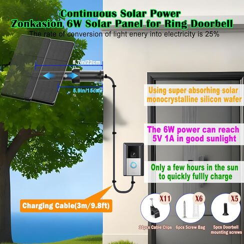 6W Solar Charger Compatible with Ring Video Doorbell (2020 Release), Micro USB Port Only, Not Compatible with the 2025 Type-C Interface doorbell in Saudi Arabia