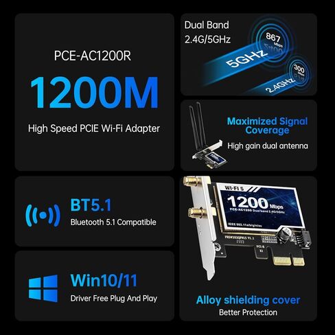 بطاقة WiFi AC1200 PCIe لأجهزة الكمبيوتر المكتبية، ملف تعريف منخفض للحافظة الصغيرة، محول لاسلكي ثنائي النطاق مع بلوتوث 5.1، هوائيات عالية الكسب، يدعم Windows 7/10/11 للألعاب والمكاتب in Kuwait