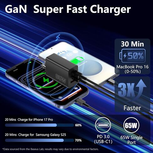 شاحن USB C بقدرة 65 وات لهاتف Samsung S26 Ultra، شاحن حائط 100 وات 3 منافذ GaN من النوع C، كابل USB-C بطول 6 أقدام متضمن، شاحن PD 65 وات فائق السرعة لهاتف Samsung Galaxy S26 Ultra وiPhone 17 Serie وMacBook وiPad والمزيد in Kuwait