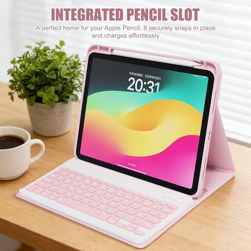 WX100 Bluetooth Keyboard with Case for iPad A16 11th 2025 A3354/A3355/A3356 & 10th Gen (A2696/A2757/A2777) | Detachable Durable Stylish Magnetic Case with Pencil Holder & Multi-Angle Stand - Pink in Saudi Arabia