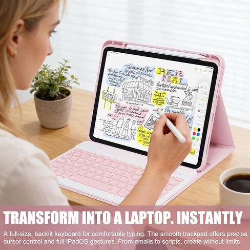 WX100 Bluetooth Keyboard with Case for iPad A16 11th 2025 A3354/A3355/A3356 & 10th Gen (A2696/A2757/A2777) | Detachable Durable Stylish Magnetic Case with Pencil Holder & Multi-Angle Stand - Pink in Saudi Arabia