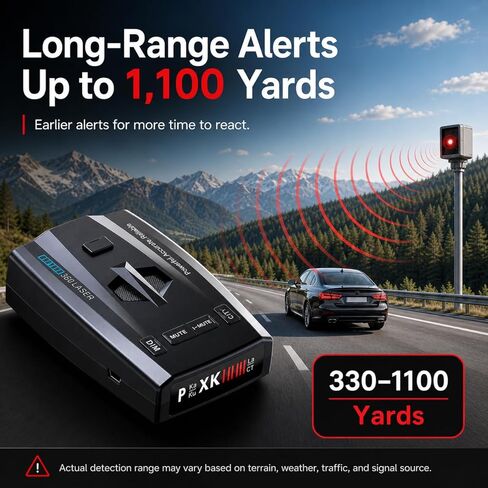 Radar Detector, Radar Detectors for Cars, Up to 1100 Yards Long-Range Detection, X/K/Ka/KU/ST/CT Band & Laser Detection with Voice Alert, Smart False Alert Filtering, Suction Cup Mount Included in Saudi Arabia