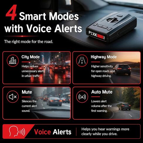 Radar Detector, Radar Detectors for Cars, Up to 1100 Yards Long-Range Detection, X/K/Ka/KU/ST/CT Band & Laser Detection with Voice Alert, Smart False Alert Filtering, Suction Cup Mount Included in Saudi Arabia