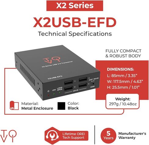 ToVi USB 2.0 Over IP Extender Transceiver – 1GbE Network (Copper/Fiber SFP), Dual Host/Device Mode, 4-Port USB Hub, PoE Support, 480Mbps, Open API (X2USB-EFD) in Saudi Arabia