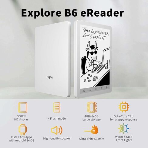 Bigme B6 Black and White Display E-Reader 4GB RAM + 64GB Storage, 36-Level Adjustable Cold and Warm Light, Android 14 OS Epaper Tablet in Saudi Arabia