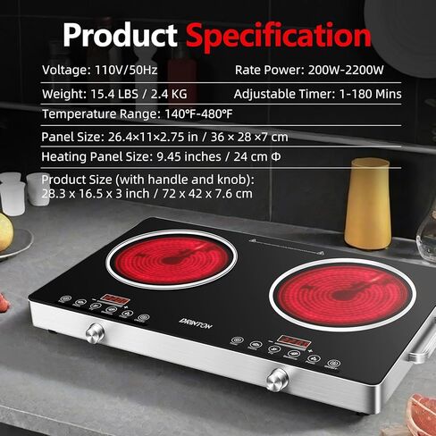 2 Burner Electric Cooktop ، 3500W 110V الكهربائية الموقد المزدوج مع توقيت 4H ، ودرجة حرارة قابلة للتعديل للطهي كونترتوب ، طباخ الأشعة تحت الحمراء المحمولة ، متوافق مع جميع أدوات الطهي in Kuwait