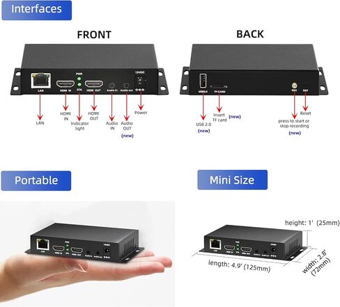جهاز تشفير فيديو H.265/264/MJPEG Ultra Mini HDMI 1080P مع حلقة HDMI، HTTP، RTSP، RTMP/RTMPS، SRT، HLS، FLV، متوافق مع ONVIF، جهاز تشفير IPTV متعدد البث لـ YouTube Facebook Twitch Live in Kuwait
