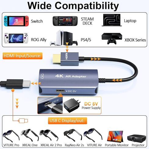 نظارات AR محول HDMI إلى USB C 4K@60 هرتز، محول XR مع تشغيل وشحن DC 5V، HDMI إلى USB-C عرض فيديو لـ XREAL One/Air 2 Pro/VITURE/RayNeo/Rokid، Switch 2/1، PS5/4، Xbox، شاشة محمولة in Saudi Arabia