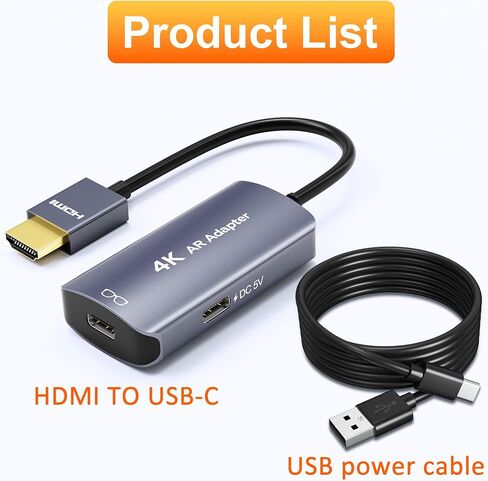نظارات AR محول HDMI إلى USB C 4K@60 هرتز، محول XR مع تشغيل وشحن DC 5V، HDMI إلى USB-C عرض فيديو لـ XREAL One/Air 2 Pro/VITURE/RayNeo/Rokid، Switch 2/1، PS5/4، Xbox، شاشة محمولة in Saudi Arabia