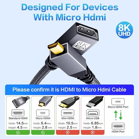 محول HDMI صغير 8K إلى HDMI، 8K@60HZ 4K@240 هرتز، محول Micro HDMI ذكر إلى أنثى، 48 جيجابت في الثانية، متوافق مع Raspberry Pi 5، Pi 4، Go Pro Hero، Nikon، Canon، Sony وغيرها من الكاميرات - رمادي in Kuwait