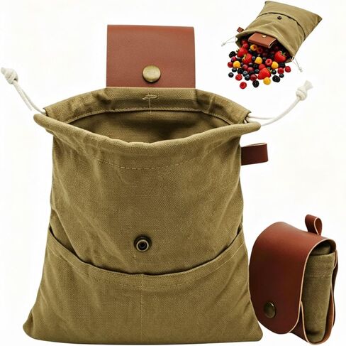 Foldable Canvas Foraging Bag with Leather Closure, Water Resistant Waxed Canvas Collapsible Pouch for Mushroom, Berry Picking, Outdoor Camping in Saudi Arabia