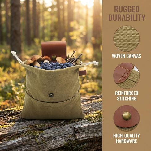 Foldable Canvas Foraging Bag with Leather Closure, Water Resistant Waxed Canvas Collapsible Pouch for Mushroom, Berry Picking, Outdoor Camping in Saudi Arabia