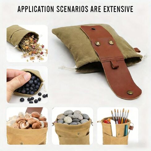 Foldable Canvas Foraging Bag with Leather Closure, Water Resistant Waxed Canvas Collapsible Pouch for Mushroom, Berry Picking, Outdoor Camping in Saudi Arabia