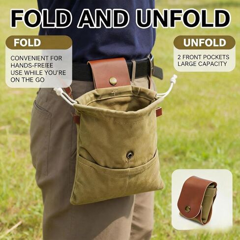 Foldable Canvas Foraging Bag with Leather Closure, Water Resistant Waxed Canvas Collapsible Pouch for Mushroom, Berry Picking, Outdoor Camping in Saudi Arabia