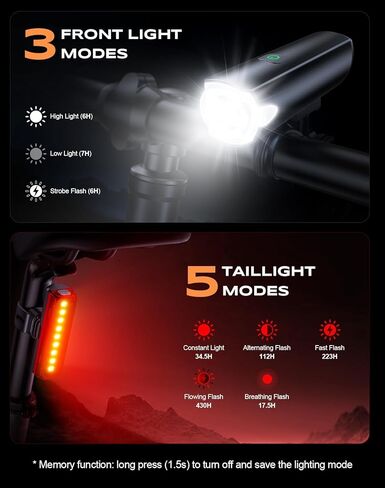 2026 New 1200LM Wide Angle Bike Lights for Night Riding, 3+5 Modes & IP65 Waterproof Bike Reflectors, Long-Lasting USB Rechargeable Bicycle Lights Front and Rear for Road Mountain Cycling in Saudi Arabia