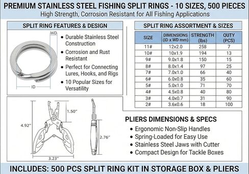 500pcs Flat Split Rings Kit: 10Sizes 17-258LB Heavy Duty Fishing Lure Rings with Plier Set for Saltwater Lure Hook Connector Jewelry Making Supplies in Saudi Arabia