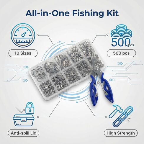 500pcs Flat Split Rings Kit: 10Sizes 17-258LB Heavy Duty Fishing Lure Rings with Plier Set for Saltwater Lure Hook Connector Jewelry Making Supplies in Saudi Arabia