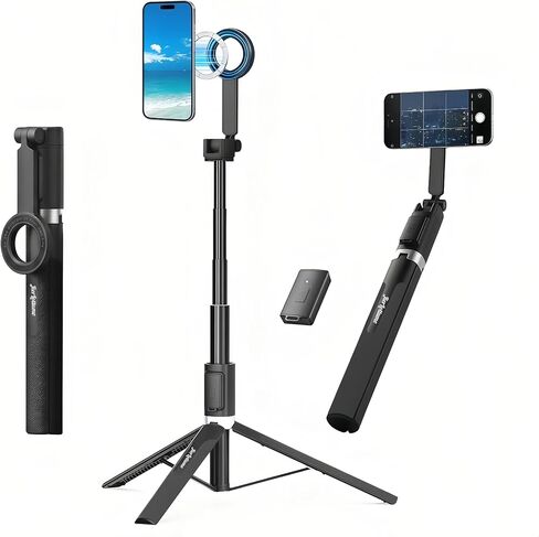 Magnetic Selfie Stick Tripod, 67" Aluminum Extendable Magnetic Holder for Magsafe, 360° Rotatable & 330° Tilt Travel Phone Tripod Stand with Metal Ring & Remote for iPhone 12-17/Android in Saudi Arabia