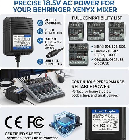 محول طاقة تيار متردد 18.5 فولت لخلاطات Behringer Xenyx 502 802 1002، Q502USB Q802USB Q1002USB، UB502 UB802 UB1002 Eurorack، سلك إمداد طاقة بديل (موصل ثلاثي الدبوس) in Kuwait