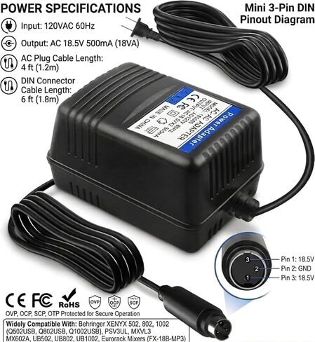 محول طاقة تيار متردد 18.5 فولت لخلاطات Behringer Xenyx 502 802 1002، Q502USB Q802USB Q1002USB، UB502 UB802 UB1002 Eurorack، سلك إمداد طاقة بديل (موصل ثلاثي الدبوس) in Kuwait