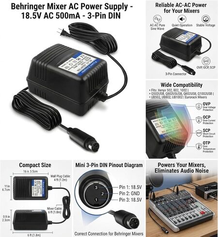محول طاقة تيار متردد 18.5 فولت لخلاطات Behringer Xenyx 502 802 1002، Q502USB Q802USB Q1002USB، UB502 UB802 UB1002 Eurorack، سلك إمداد طاقة بديل (موصل ثلاثي الدبوس) in Kuwait