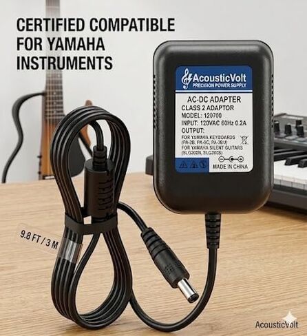 محول طاقة 12 فولت للوحات مفاتيح Yamaha - متوافق مع PA-3B، PA-3C، PA-3BU والقيثارات الصامتة SLG200N/SLG200S - شاحن بديل AC/DC طويل للغاية 9.8 قدم (3M) in Kuwait