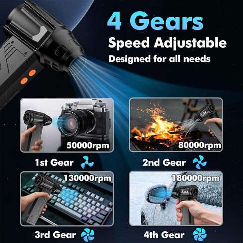 IVJ Compressed Air Duster, 180000RPM Super Power Cordless Electric Air Duster with LED Light Rechargeable 4 Gear Adjustable Mini Air Duster, Dust Blower for Computer, Keyboard, House, Outdoor and Car in Saudi Arabia