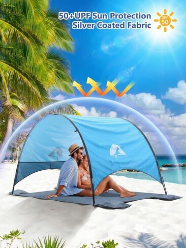 Beach Umbrella with UPF 50+ UV Protection, Portable Beach Tent Canopy with 360° Ventilation, 4 Sandbags, Wind Ropes & Stakes, Storage Pockets for Beach, Travel, Backyard (3) in Saudi Arabia