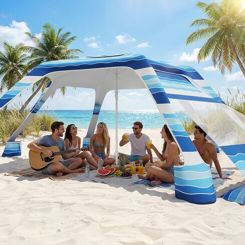 Beach Cabana with 6-Corner, 51.0 sq.ft UPF50+ Beach Canopy, Adjustable Height Beach Tent Sun Shelter, Sun Umbrella with Removable Side Wall, Beach Shade for Beach, Garden, Camping (Blue White Stripes) in Saudi Arabia