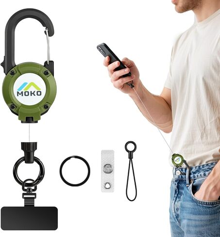 MoKo Anti-theft Phone Tether Lanyard, Retractable & Lockable Steel Line Anti-Drop Phone Strap with 360° Tether Tab, Badge Reel, Keychain for Outdoor Hiking Climbing Fishing Skiing Cycling, Black in Saudi Arabia