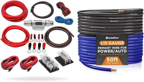 InstallGear Dual 4 Gauge Amp Wiring Kit with Amplifier Installation Wiring True Spec and Soft Touch Wire and 1/0 Gauge Black/Blue Wire (50ft) Copper Clad Aluminum CCA - Primary Automotive Wire in Saudi Arabia