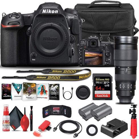 Nikon D500 DSLR Camera (Body Only) (1559) + Nikon 200-500mm Lens + 64GB Memory Card + Case + Corel Photo Software + EN-EL 15 Battery + Card Reader + HDMI Cable + Deluxe Cleaning Set + More in Saudi Arabia