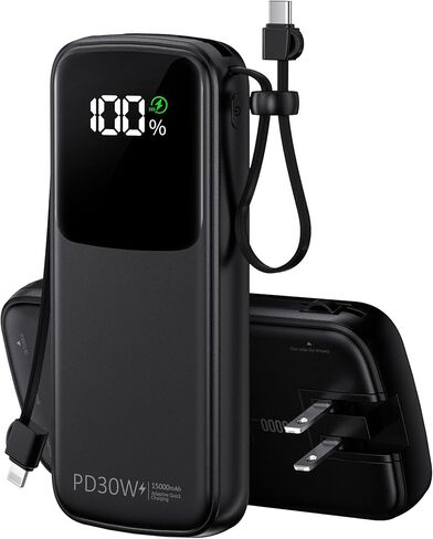Portable Charger, Power Bank, 15000mAh Battery Pack Fast Charging Lightweight, Built-in AC Wall Plug and 2 Output Cables with LED Display for iPhone15 14 13 12 11 Samsung iPad etc(Deep Black) in Saudi Arabia