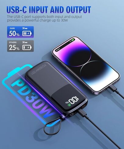 Portable Charger, Power Bank, 15000mAh Battery Pack Fast Charging Lightweight, Built-in AC Wall Plug and 2 Output Cables with LED Display for iPhone15 14 13 12 11 Samsung iPad etc(Deep Black) in Saudi Arabia