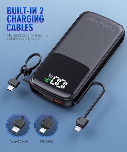 Portable Charger, Power Bank, 15000mAh Battery Pack Fast Charging Lightweight, Built-in AC Wall Plug and 2 Output Cables with LED Display for iPhone15 14 13 12 11 Samsung iPad etc(Deep Black) in Saudi Arabia