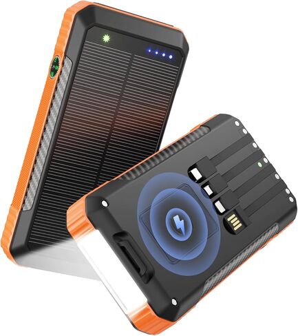 Solar Power Bank 33800mAh with Super Bright LED Flashlight, Built-in 4 Cables & Wireless Charging, Portable Charger with Compass, 7 Outputs & 4 Inputs for Camping/Hiking in Saudi Arabia