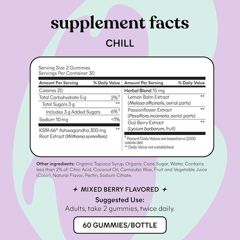 Lemme Chill Stress Relief Gummies with 300mg KSM-66 Ashwagandha, Lemon Balm, Passionflower & Goji to Support Relaxation, Healthy Cortisol & Sleep - Vegan, Gluten-Free, Non-GMO, Mixed Berry (60 Count) in Saudi Arabia
