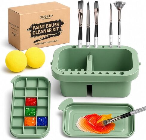 DUGATO Paint Brush Cleaner Washer, Multifunction Painting Brush Basin Holder and Organizer width Tray Palette Lid & 2 Art Sponges for Acrylic, Watercolor, Oil, Gouache Painting in Kuwait