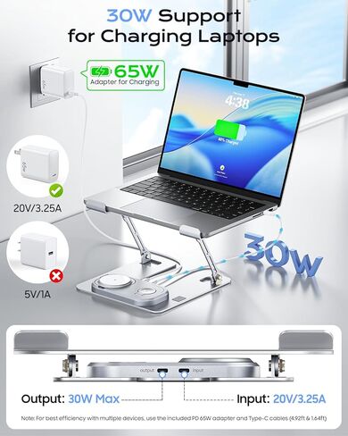 Meifigno Laptop Stand for Desk with Wireless Charging Station Base, Foldable Aluminum MacBook Stand with MagSafe Charger for iPhone/iWatch/AirPods, 30W USB-C Charging for All Laptop, with 65W Adapter in Saudi Arabia