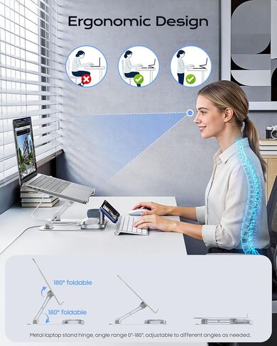 Meifigno Laptop Stand for Desk with Wireless Charging Station Base, Foldable Aluminum MacBook Stand with MagSafe Charger for iPhone/iWatch/AirPods, 30W USB-C Charging for All Laptop, with 65W Adapter in Saudi Arabia