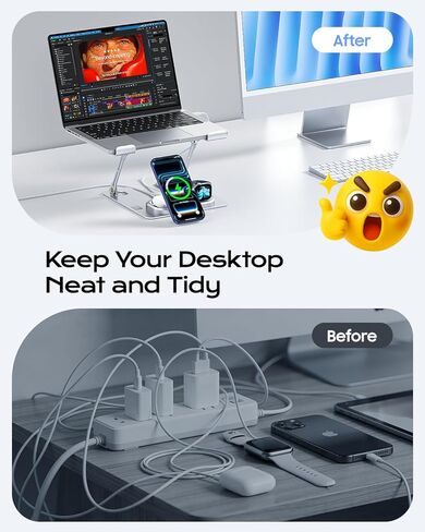 Meifigno Laptop Stand for Desk with Wireless Charging Station Base, Foldable Aluminum MacBook Stand with MagSafe Charger for iPhone/iWatch/AirPods, 30W USB-C Charging for All Laptop, with 65W Adapter in Saudi Arabia