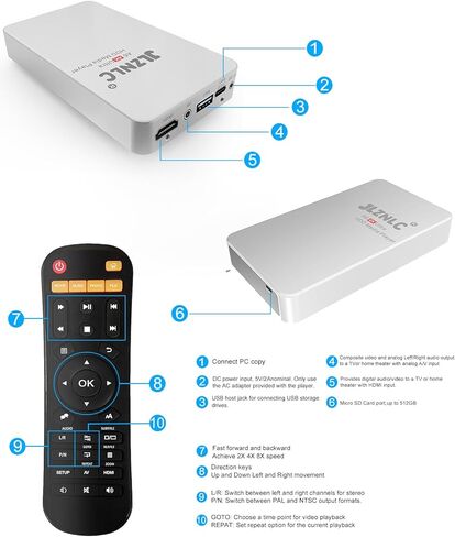 مشغل وسائط فائق الدقة 4K ومزود بمحرك أقراص ثابتة 2 في 1، لافتات رقمية، تشغيل مقاطع فيديو H.265/HEVC H.264/AVC MP4 MKV، وموسيقى MP3، وصور JPG، والتشغيل التلقائي والاستئناف، ويدعم محركات الأقراص الثابتة، وUSB/MicroSD، و4k HDMI، وAV التناظري. in Kuwait